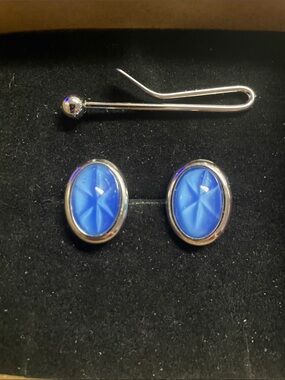 Vintage Swank Tie Clip & Blue Stone Cufflinks Set Men’s Formal Accessories